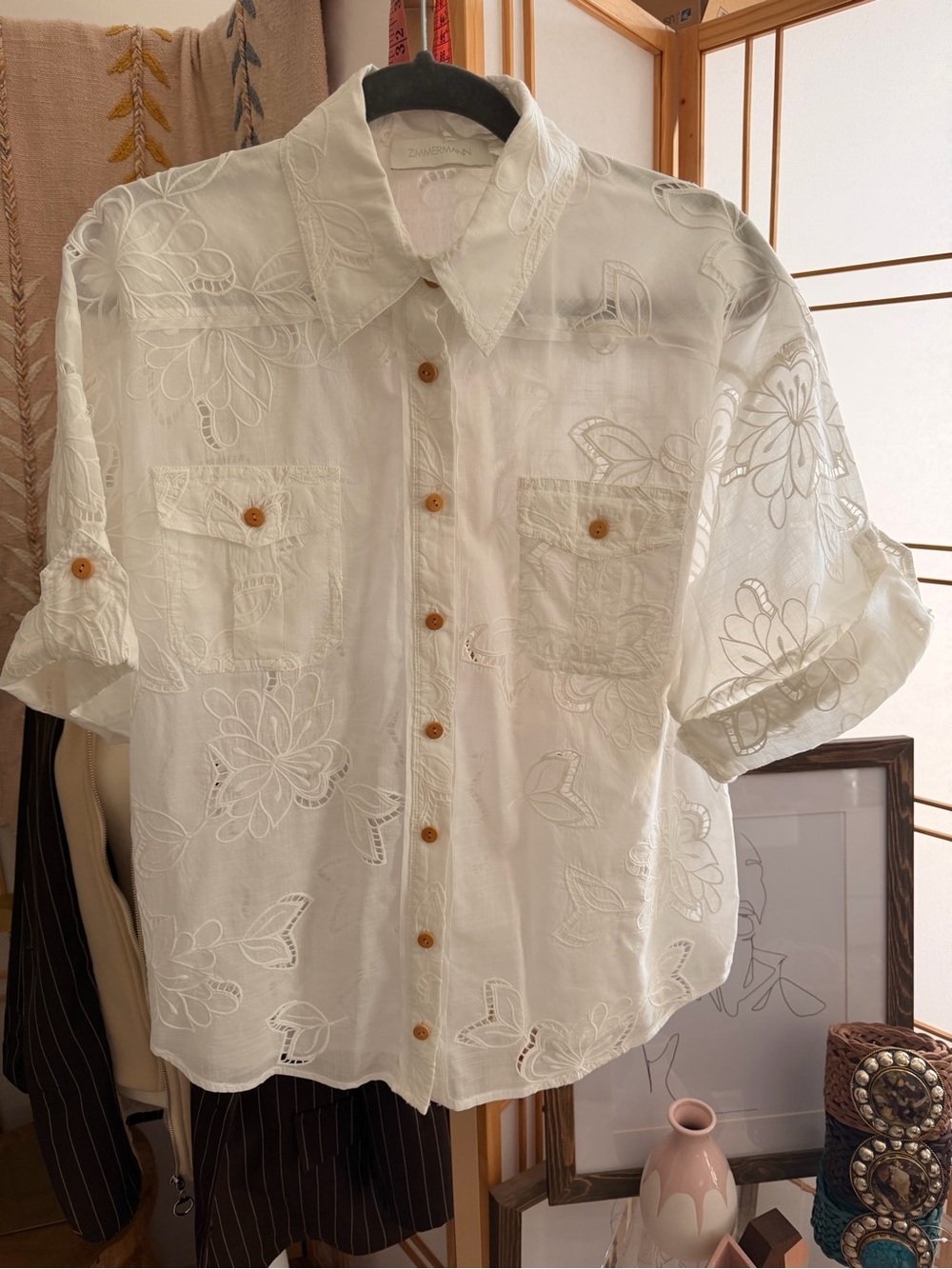 Zimmermann Embroidered Sheer Cotton Blouse | Size 3 | White